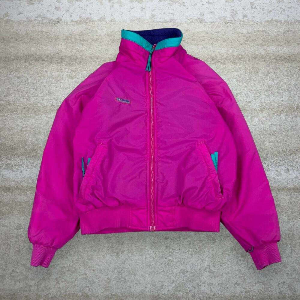 Vintage 90s Columbia Puffer Jacket Womens L Pink Nylon Fleece Lined Vibrant